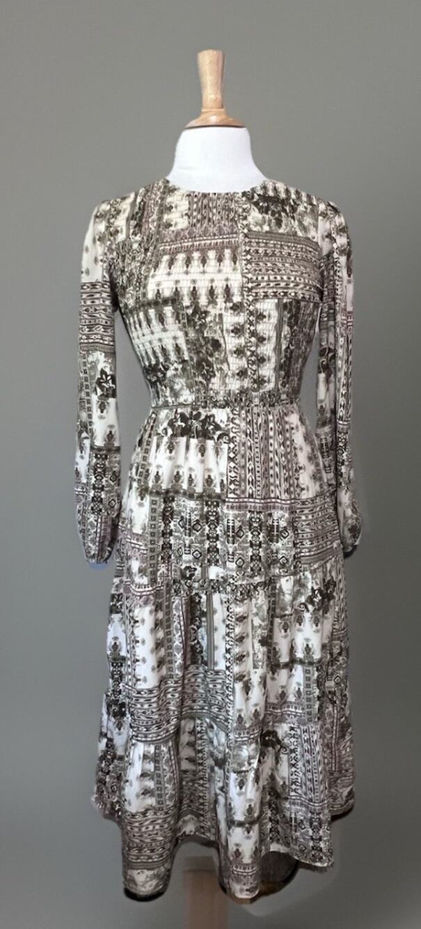 Cal Style Womens Small Smocked Retro Hippie Boho Prairie Tiered Midi Dress